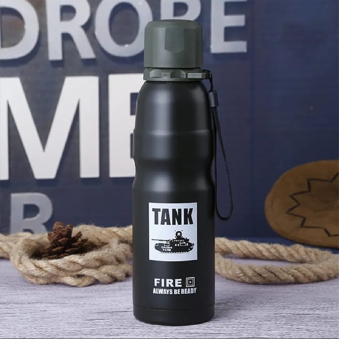 TANK Military Style Stainless Steel Water Bottle – Sports Flask with Strap