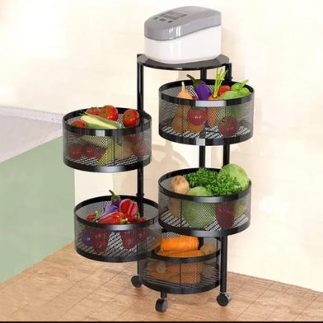 5-Tier Rotating Vegetable & Fruit Storage Rack with Wheels | 360° Movable Kitchen Organizer - Image 2
