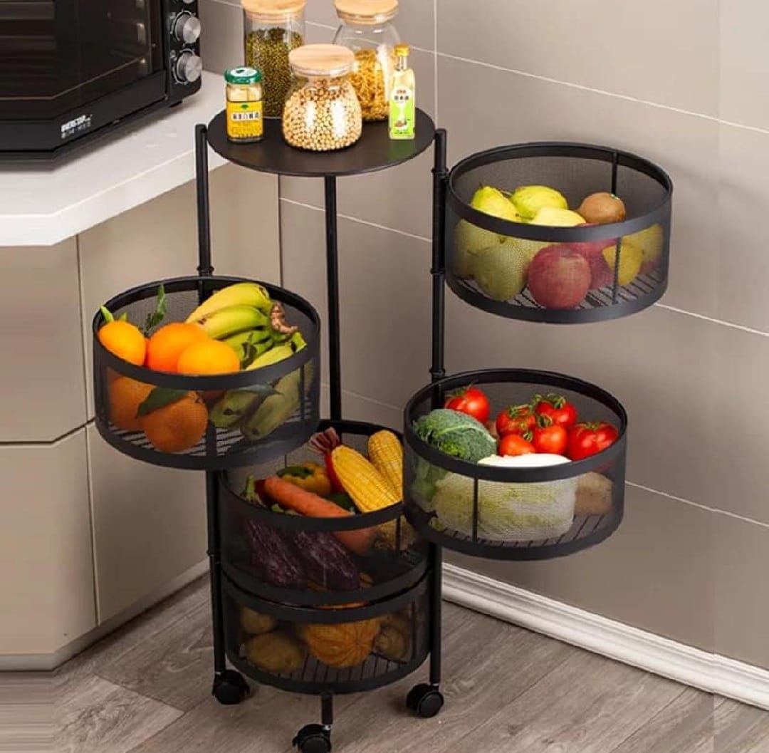 5-Tier Rotating Vegetable & Fruit Storage Rack with Wheels | 360° Movable Kitchen Organizer
