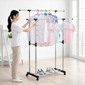Adjustable Doublepole Clothes Rack with Wheels & Shoe Storage Shelf