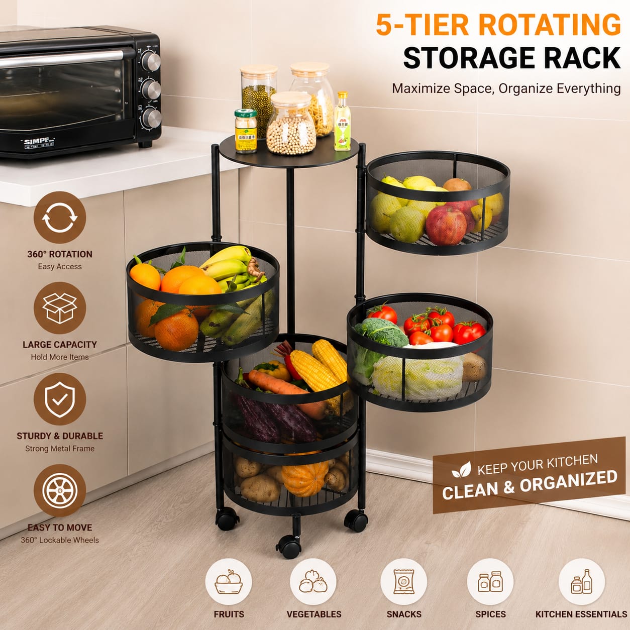 5-Tier Rotating Vegetable & Fruit Storage Rack with Wheels | 360° Movable Kitchen Organizer - Image 3