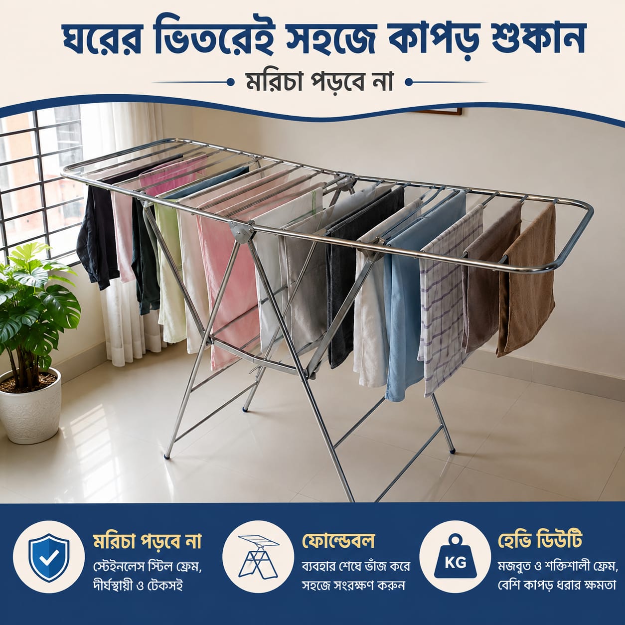 Foldable Stainless Steel Clothes Drying Stand – Heavy Duty Cloth Drying Rack - Image 3