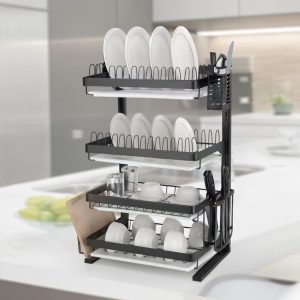 4 Tier Wall Mounted Kitchen Dish Rack with Cup & Knife Holder